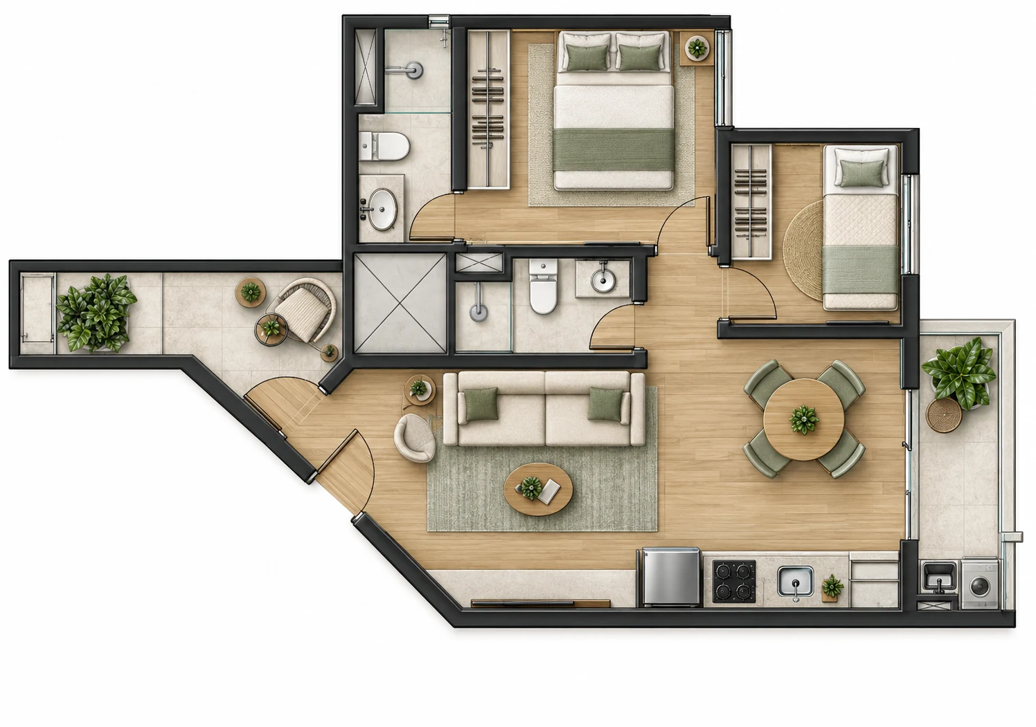 Planta humanizada – 2 dormitórios (suíte), varanda e lavanderia fechada – Move Assunção