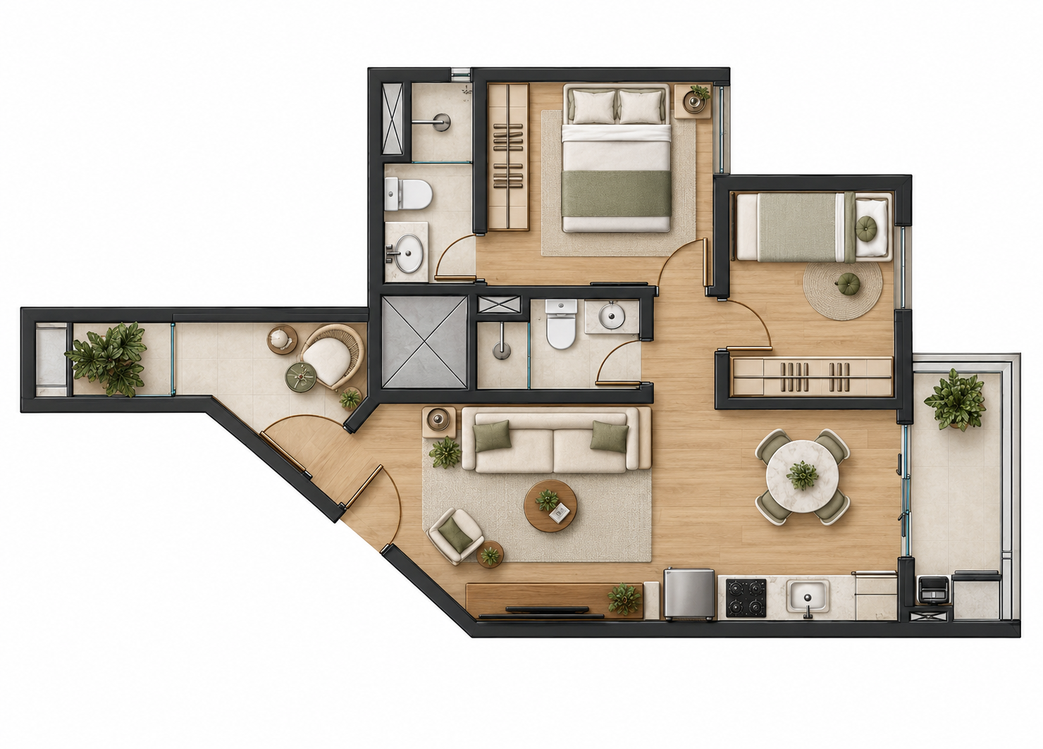 Planta humanizada – 2 dormitórios (1 suíte) e quarto ampliado – Move Assunção